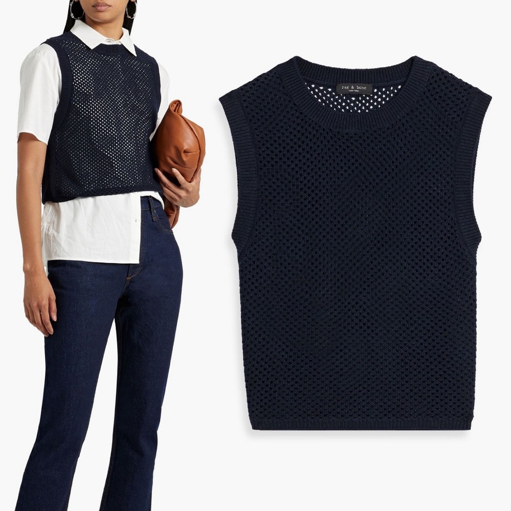 Rag & Bone Carson Cotton Cashmere Vest Sweater Top Navy Blue Medium M - $395